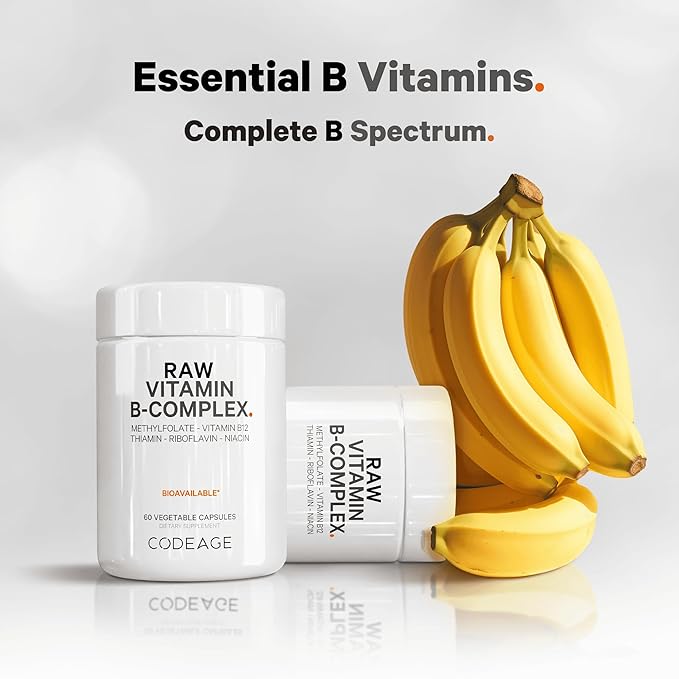 Codeage Raw Vitamin B-Complex Supplement - Essential B Vitamins with Probiotics, Digestive Enzymes, Fruits & Vegetables - 2-Month Supply - Methylfolate - Biotin - Vitamin B12 - Non-GMO - 60 Capsules
