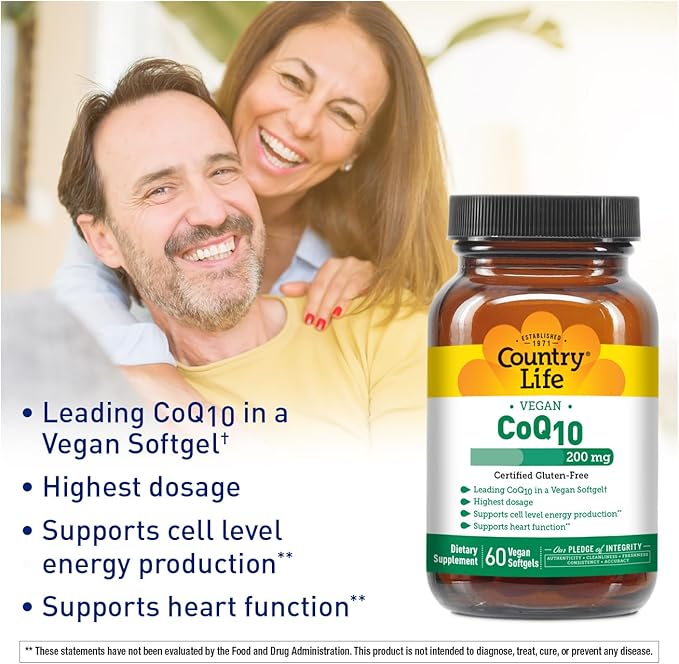 Country Life Simply CoQ10, Supports Heart Function, 200mg, 60 Vegan Softgels, Certified Gluten Free, Certified Vegan