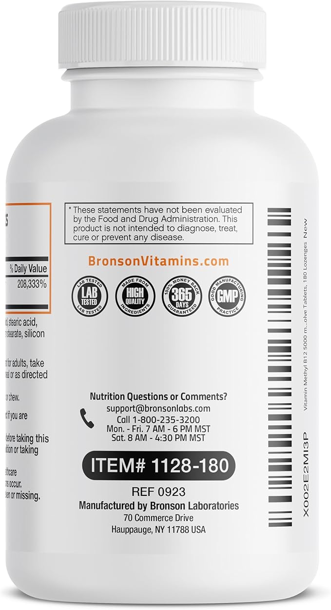 Bronson Methyl B12 5000 mcg Vitamin B12 Methylcobalamin Energy & Brain Support, 180 Lozenges