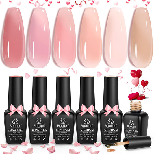 Beetles Spring Gel Nail Polish Set, 6 Colors Jelly Gel Polish Nude Pink Neutral Nail Art Design Translucent Gel Nail Kits Soak Off Uv Nail Lamp Cured Nail Manicure for Women