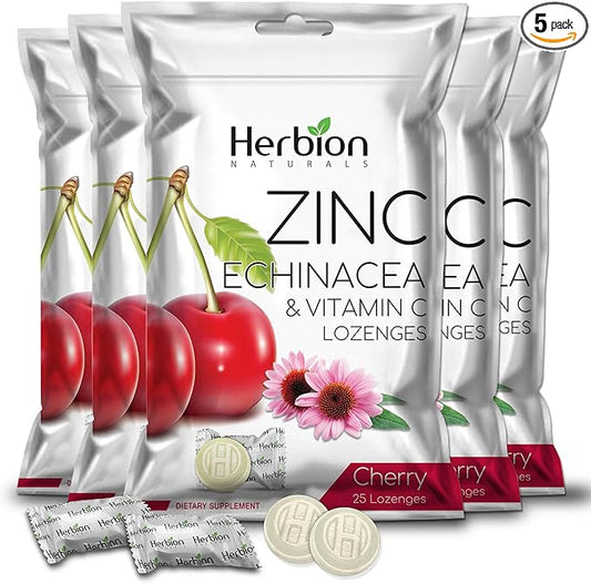 HERBION Naturals Zinc, Echinacea & Vitamin C Lozenges with Cherry Flavor, 25 CT - Dietary Supplement for Adults & Children 5+ - Promotes Wellness for The Whole Family - (Pack of 5) (125 Lozenges)