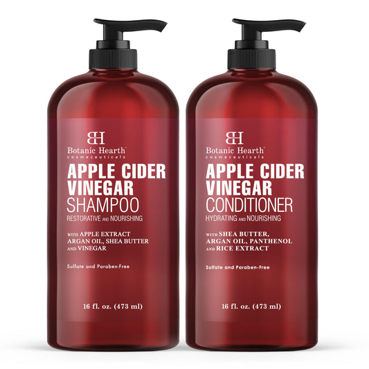 BOTANIC HEARTH Apple Cider Vinegar Shampoo and Conditioner Set - Helps Dry Itchy Scalp, Dandruff, Frizz and Hair Loss - Color Safe, Sulfate Free Shampoo - All Hair Types, Men and Women, 16 fl oz each