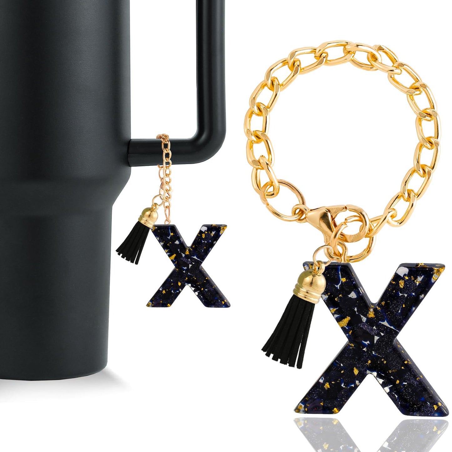 Letter Charm Accessories for Stanley Cup 1 PCS Cute Initial Keychain Handle Charm for Stanley Tumbler for Women Black Letter X