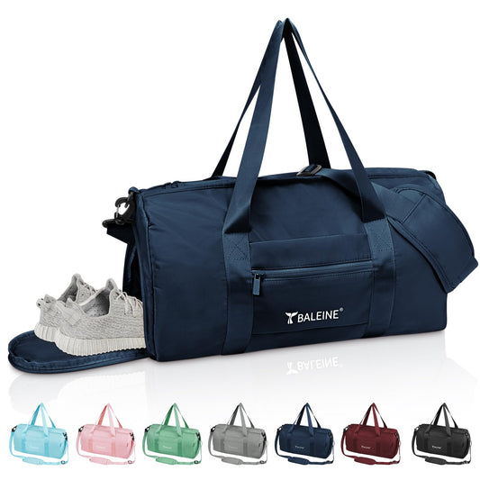 BALEINE Gym Bag for Women and Men, Small Duffel Bag for Sports, Gyms and Weekend Getaway, Waterproof Dufflebag with Shoe and Wet Clothes Compartments, Lightweight Carryon Gymbag (Blue)