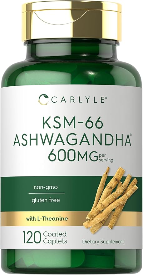 Carlyle KSM-66 Ashwagandha 600mg | 120 Caplets | Extract Supplement with L-Theanine | Vegan, Non-GMO, Gluten Free