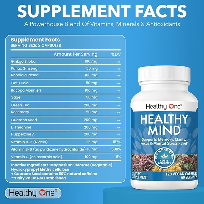 Healthy Mind - Safe for Teens - Brain Fog - Cognitive Function - Concentration - Focus - Neural Optimization - Mood - Ginkgo Biloba - Ginseng - Rhodiola - Bacopa - Gotu Kola - Green Tea - 150 Count