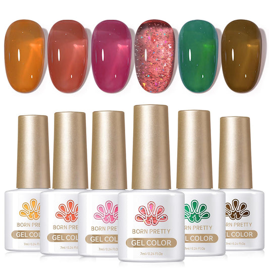 Born Pretty Jelly Gel Nail Polish Halloween Christmas Fall Winter Crystal Transparent Sheer Clear Gel Polish Red Coral Burnt Orange Green Grey Amber Brown 6 Colors Manicure Kit