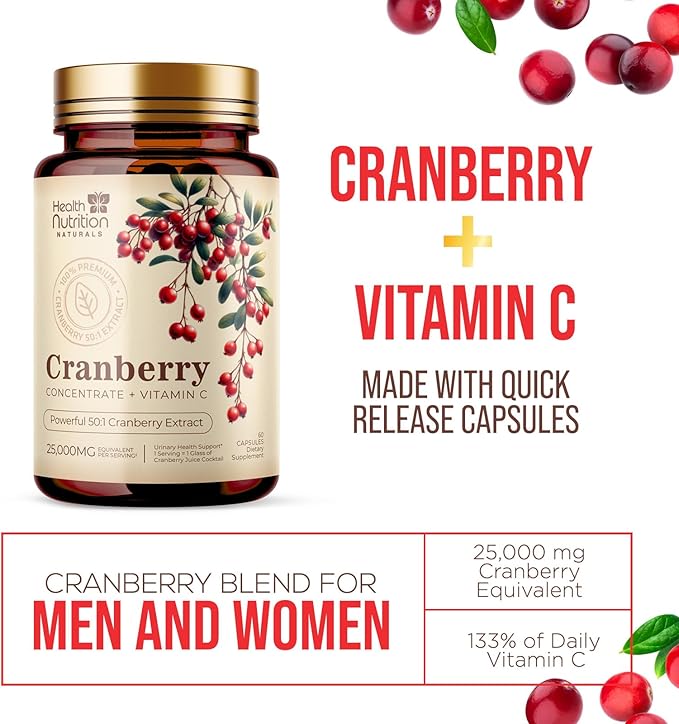 Cranberry Supplement Pills + Vitamin C - Made with 25,000mg Cranberry Concentrate Whole Fruit Extract to Help Cleanse & Support Urinary Tract Health, Sugar Free for Women & Men, Non-GMO, 60 Capsules