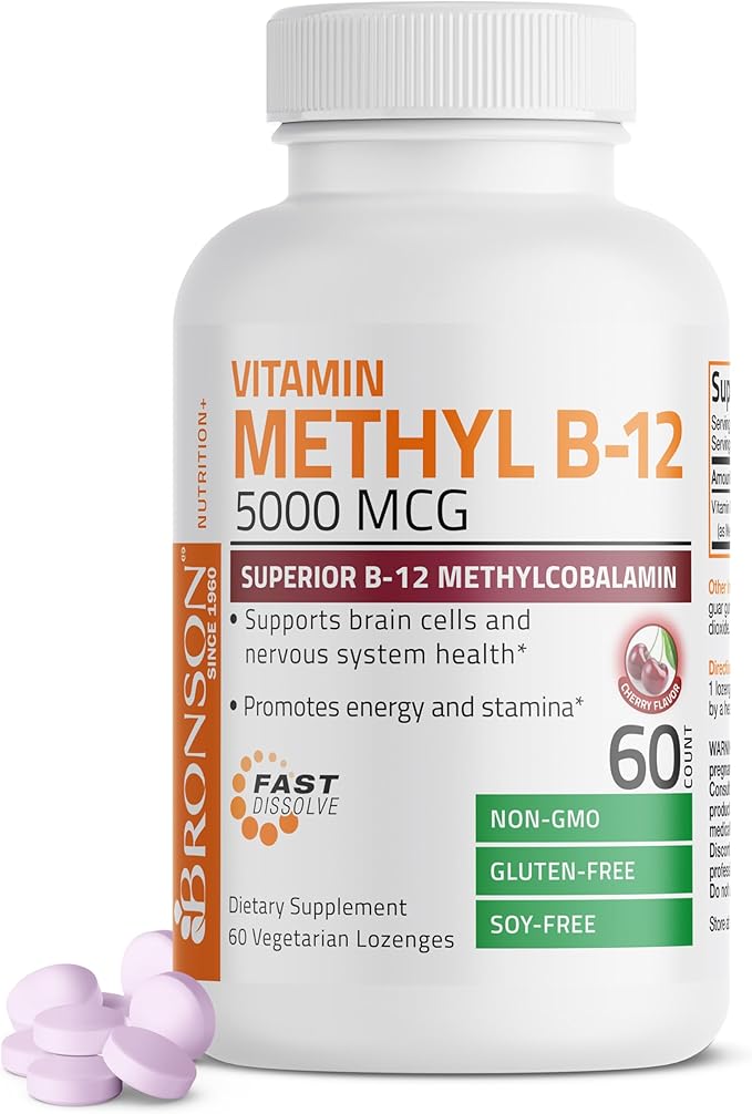 Bronson Methyl B12 5000 mcg Vitamin B12 Methylcobalamin Energy & Brain Support 60 Lozenges