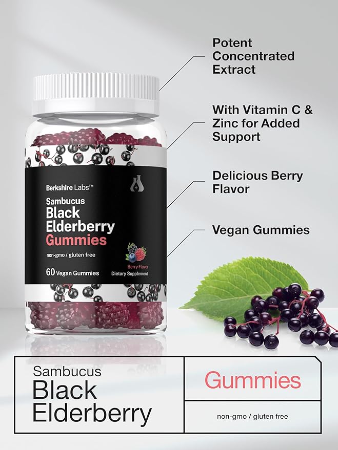 Horbaach Sambucus Black Elderberry Gummies | 60 Count | with Zinc and Vitamin C | Vegan, Non-GMO, Gluten Free Extract for Adults | Berry Flavor | by Berkshire Labs