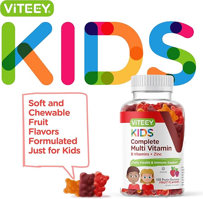 Kids Multivitamin Gummies, Complete Daily Essential Kids Vitamins - Great for Immune Support & Overall Health - 12 Essential Minerals & Vitamins - Vegetarian, Gelatin Free- Chewable Fruit Flavor Gummy