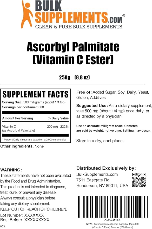 BulkSupplements.com Ascorbyl Palmitate Powder - Vitamin C Ester, Ascorbyl Palmitate 500mg - Vitamin C Supplement, Gluten Free, 500mg per Serving, 250g (8.8 oz) (Pack of 1)
