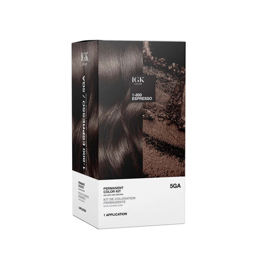 IGK Permanent Hair Color Kit | 5GA 1-800 Espresso - Golden Ash Brown | 100% Gray Color Coverage + Strengthen + Shine | Ammonia Free