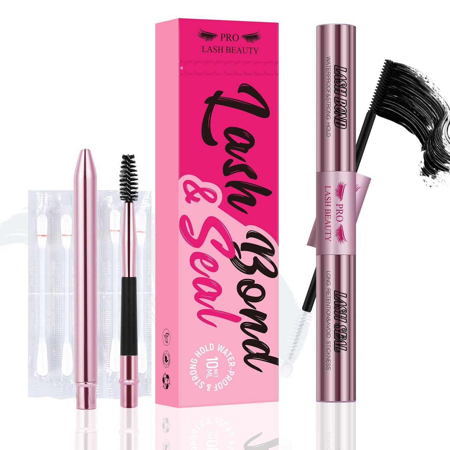 Lash Bond and Seal Waterproof Bond and Seal Cluster Lash Glue & Seal for Lash Clusters Aftercare Sealant Super Strong Hold 72 Hours（5ml+5ml, Black Bond & Clear Seal)