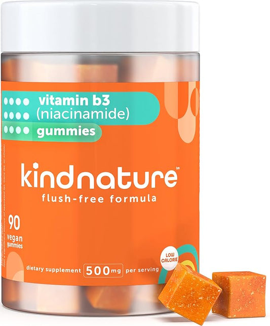 Kind Nature Vitamin B3 Niacin Gummies - Flush Free Niacinamide 500mg Supplement - Vegan, Non-GMO, Low-Calorie, Gluten-Free, Soy-Fee, 3rd Party Lab Tested - 1 Month Supply, 90 Chewable Gummies