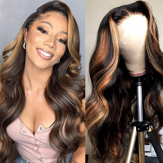 haha Body Wave Highlight Lace Closure Wig Human Hair Ombre Lace Front Wig 1B/30 Brown Highlight Wigs Human Hair Honey Blonde Ombre Closure Wig 4x4 Glueless Pre Plucked Balayage 22 Inch 150% Density