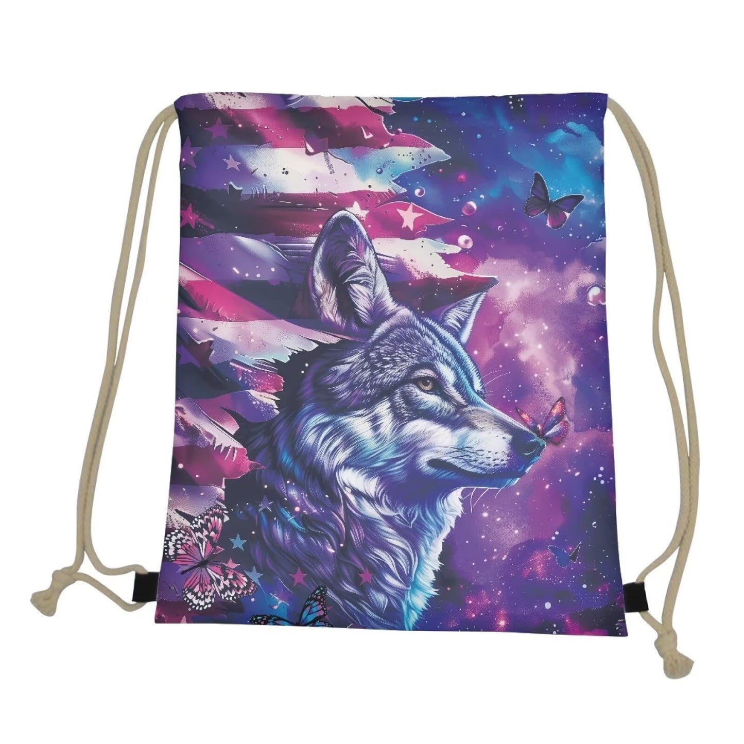 COEQINE Wolf Drawstring Backpack for 10 Year Old Girls Large Capacity Gym Bag Portable Foldable Bookbag Drawstring Bag，American Flag Themes Butterfly Pattern