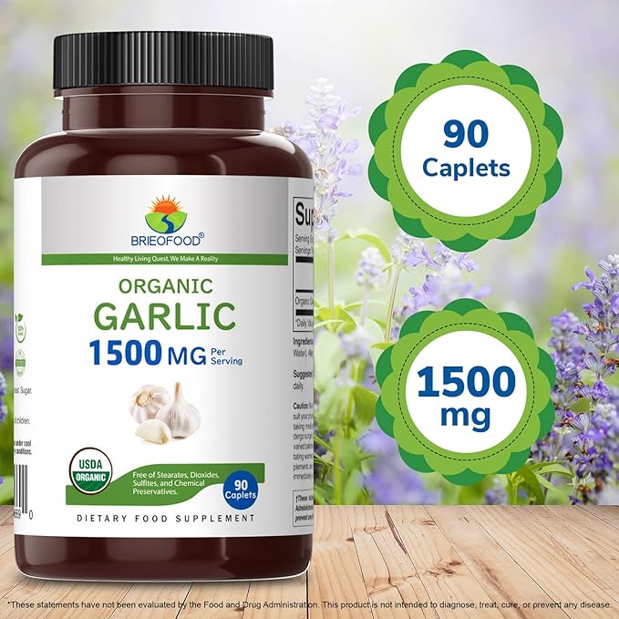 Brieofood Organic Garlic 1500mg, 45 Servings, Vegetarian, Gluten Free, 90 Vegetarian Tablets