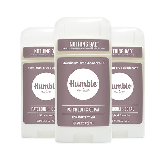 HUMBLE BRANDS Original Formula Aluminum-free Deodorant. Long Lasting Odor Control with Baking Soda and Essential Oils, Patchouli and Copal, Pack of 3