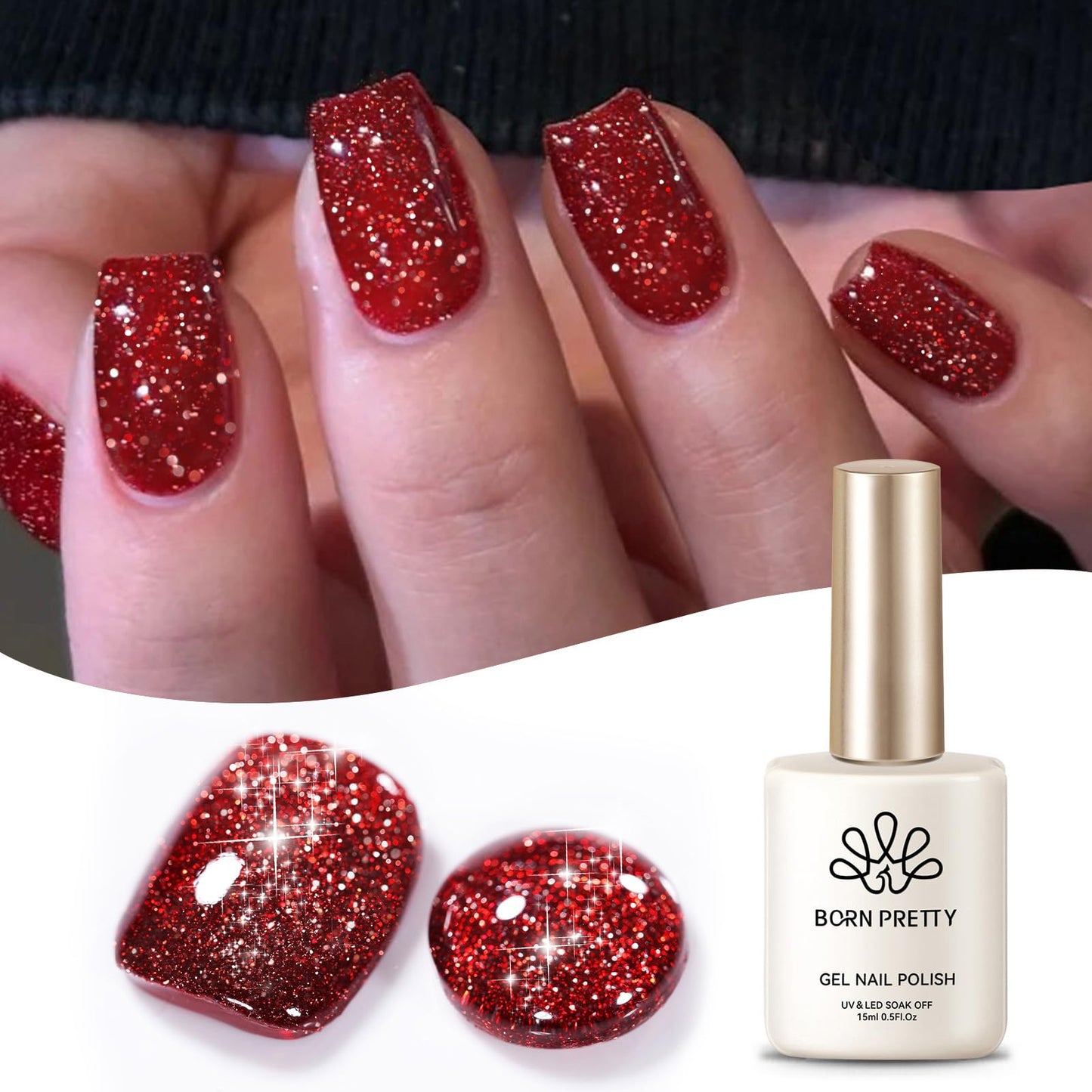 Born Pretty Red Reflective Glitter Gel Nail Polish Set for Christmas Nails Holographic Sparkle Glitter Gel Flash Soak Off Manicure Kit Gift