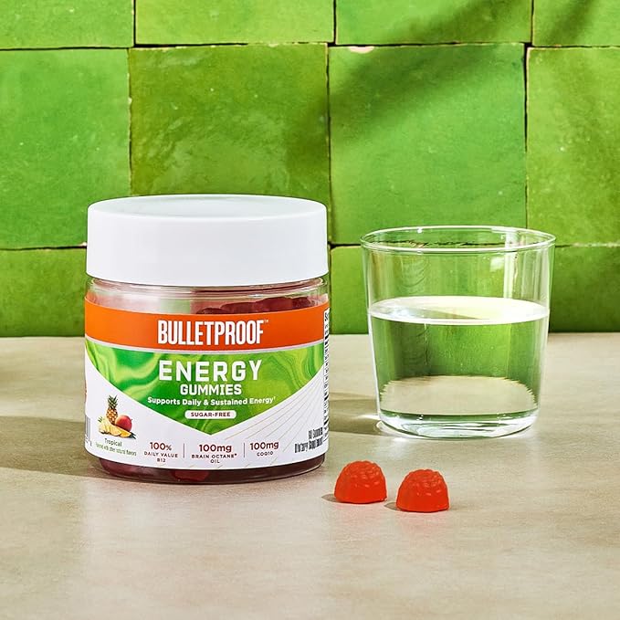 Bulletproof Sugar-Free Tropical Energy Gummies, 60 Count, Supplement for Daily & Sustained Energy with 100mg CoQ10, Daily Value of B12, 100mg Brain Octane Oil