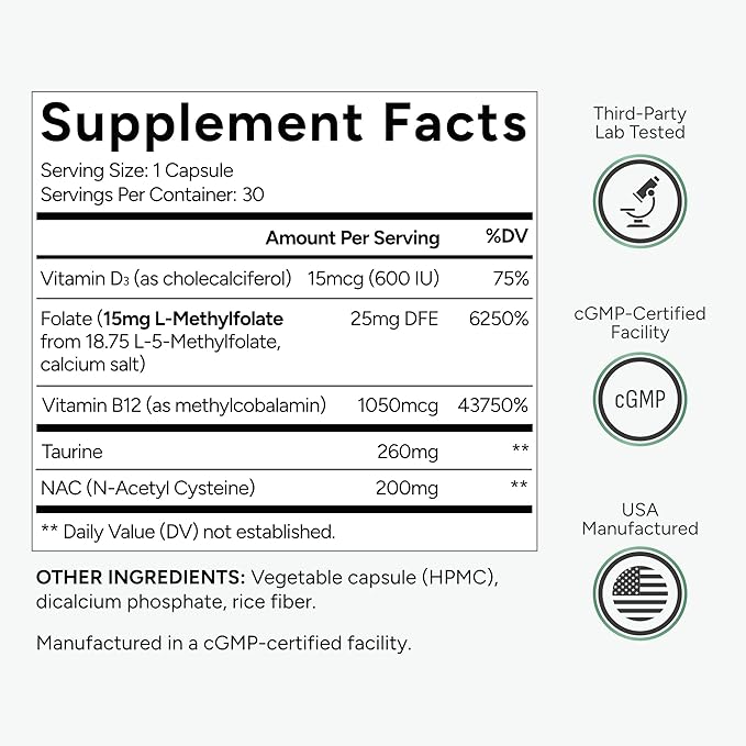 L-Methylfolate 15mg plus Methyl B12, D3, Taurine & NAC | 5-MTHF (Bioactive B9) Premium-Grade | Methylated Vitamins to Support Mood, Nerve Health & Methylation* | Methylfolate Supplement | 30 Capsules