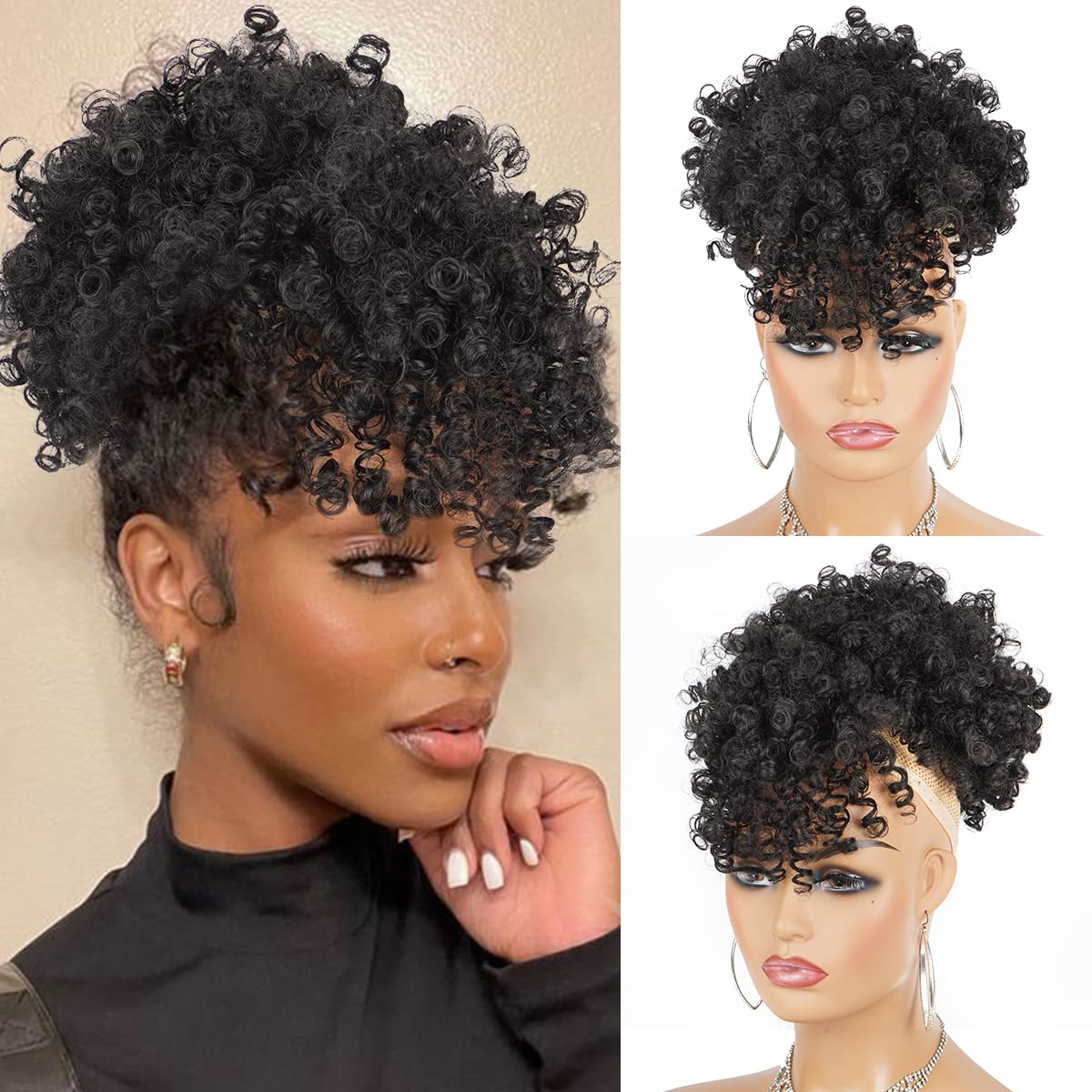 Cetiq Afro Puff Drawstring Ponytail with Bangs Drawstring Ponytail for Women Kinky Curly Hair Clip in Bangs Short Ponytail Hair Extensions Updo Hairpieces (2#)