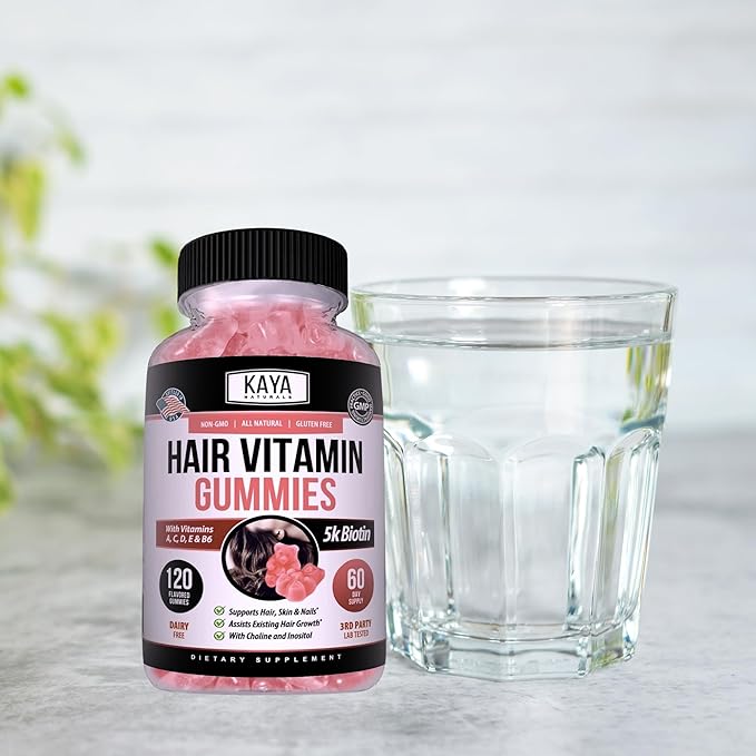Kaya Naturals Hair Growth Gummies - Biotin 5000mcg Vitamins for Healthy Hair, Skin, and Nails - Beauty Supplement for Women or Men - 120 Count - Blueberry Flavor