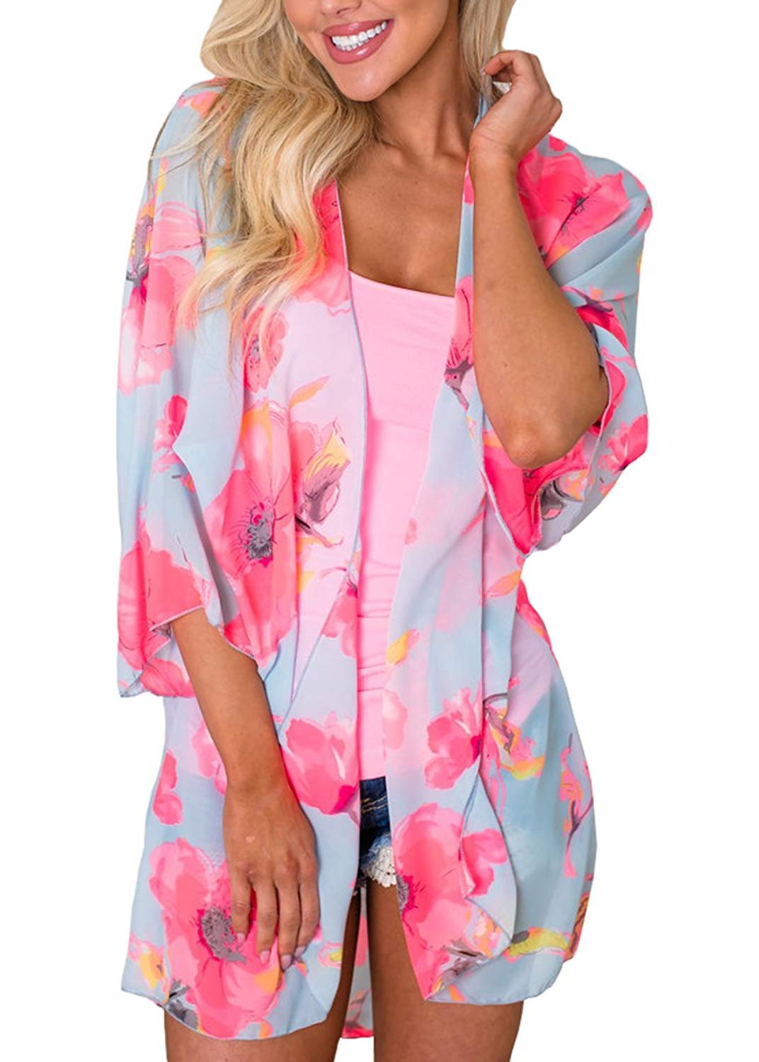 Chunoy Women Summer Plus Size Chiffon Floral Kimono Cardigan Loose Light Weight Beach Swim Wear Cover Up Red XX-Large