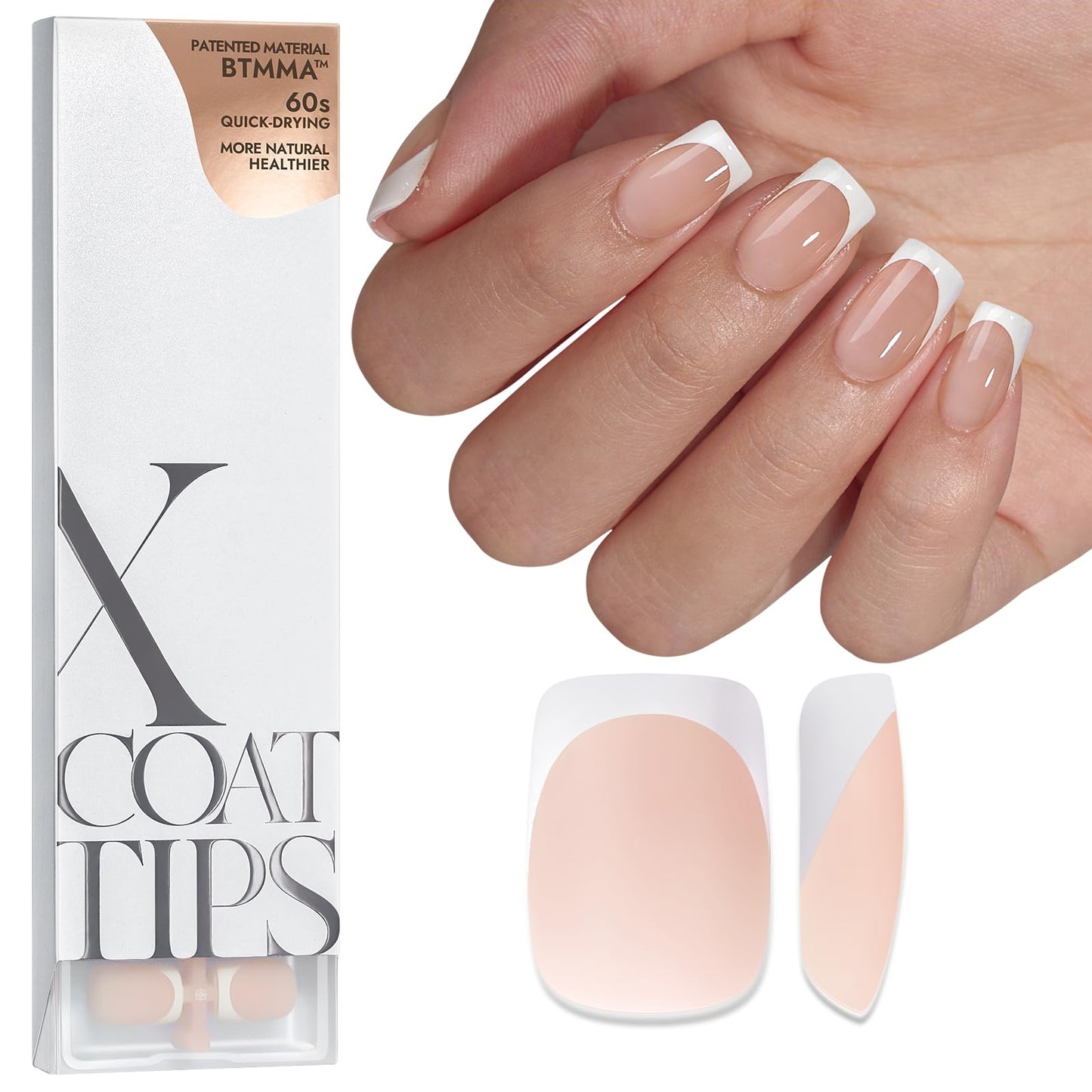 BTArtboxnails XCOATTIPS French Tip Nails - Short Press On Nails, 160 Pcs Nude Square Soft Gel Nail Tips Pre-applied Tip Primer & Base Coat, No Need File False Nails for Home DIY, 16 Sizes