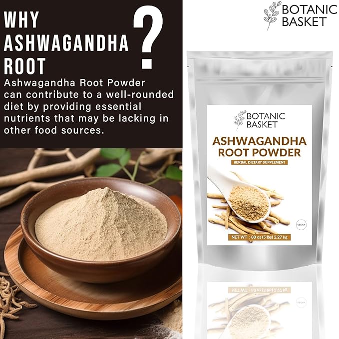 Botanic Basket Ashwagandha Root Powder 5 Pound, No Filler, No Additives, Highly Purified | Active Withanolides, No GMO, Gluten Free