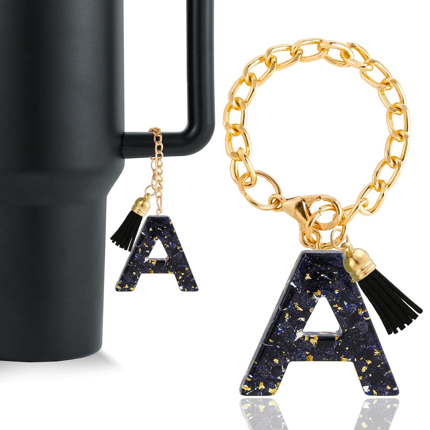 Letter Charm Accessories for Stanley Cup 1 PCS Cute Initial Keychain Handle Charm for Stanley Tumbler for Women Black Letter A