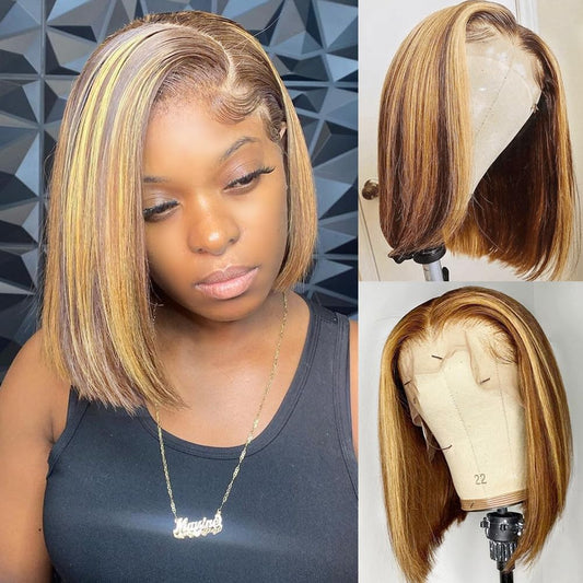 Highlight Bob Wig Human Hair 13x4 HD Lace Front Wigs Human Hair Pre Plucked Hairline Frontal Glueless Short Straight Bob Wigs for Black Women Human Hair Ombre Brown Honey Blonde P4/27 12 Inch