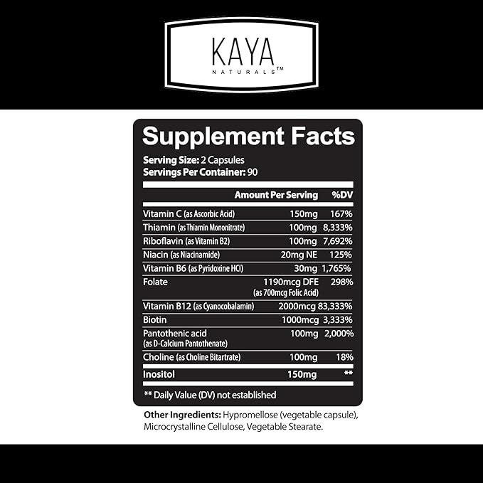 Kaya Naturals B-12 Complex | Multivitamin Supplement for Women & Men | Energy and Metabolism Booster | Vitamin Supplement with Biotin, Choline, Inositol, Folate, and Vitamin C – 180 Count