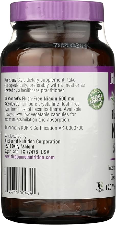 BlueBonnet Nutrition Flush-Free Niacin 500mg, for Nutritional Cardiovascular Support Vegetable Capsules, Soy/Dairy/Gluten Free, Non-GMO, Kosher Certified, Vegan, White, 120 Count
