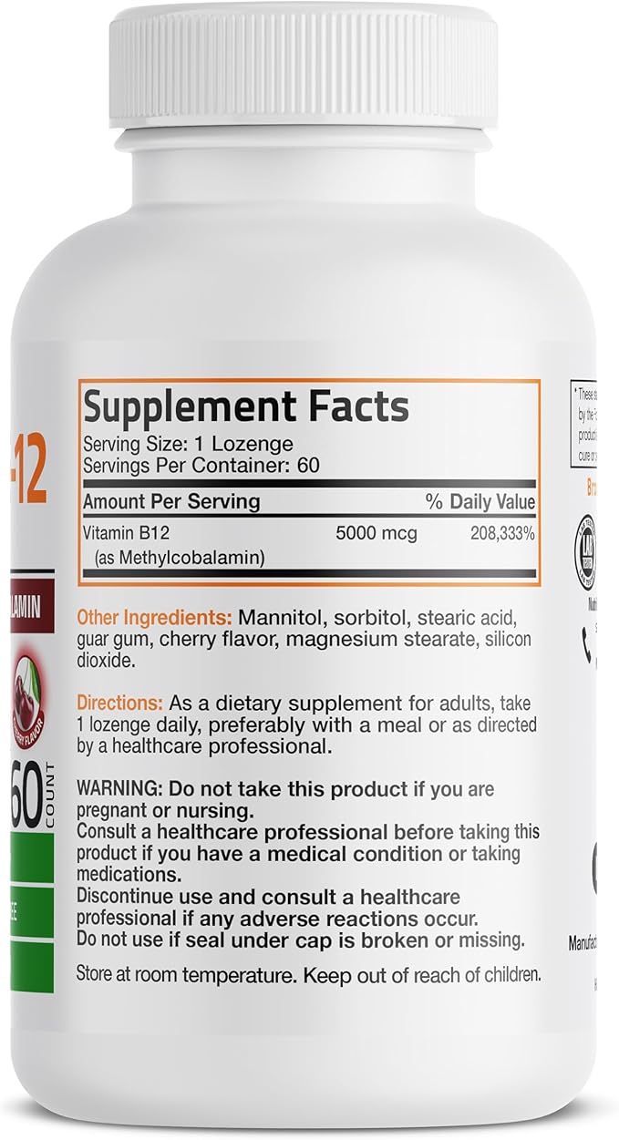 Bronson Methyl B12 5000 mcg Vitamin B12 Methylcobalamin Energy & Brain Support 60 Lozenges