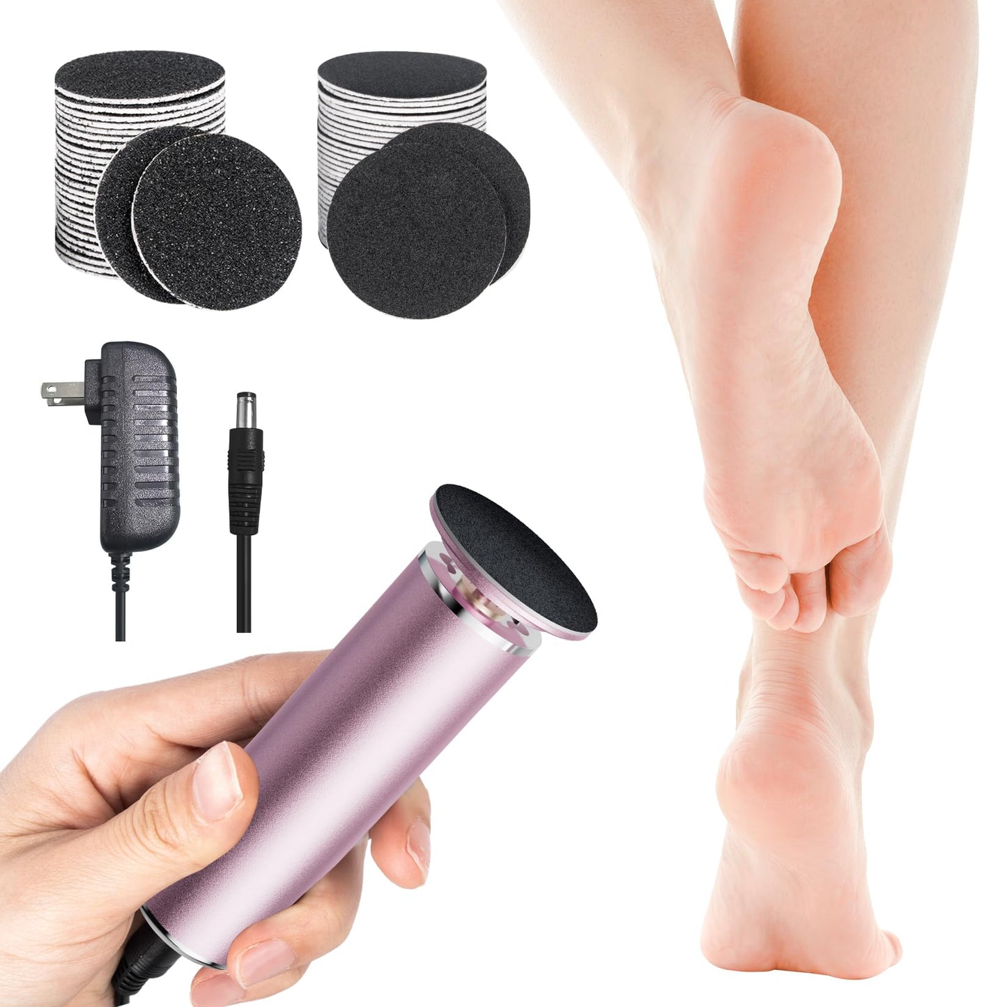 krofaue Electronic Foot File Grinder with 60pcs Replacement Sandpaper Disk, Powerful Electric Callus Remover Professional Pedicure Tool for Men Women Dead Cracked Hard Skin Calluses