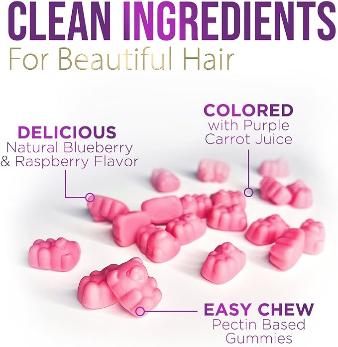 Hair Vitamins Gummies with Biotin 5000 mcg Vitamin E & C Support Hair Growth Gummy, Premium Vegetarian Non-GMO, for Stronger, Beautiful Hair, Skin & Nails, Biotin Gummies Supplement - 60 Gummy Bears