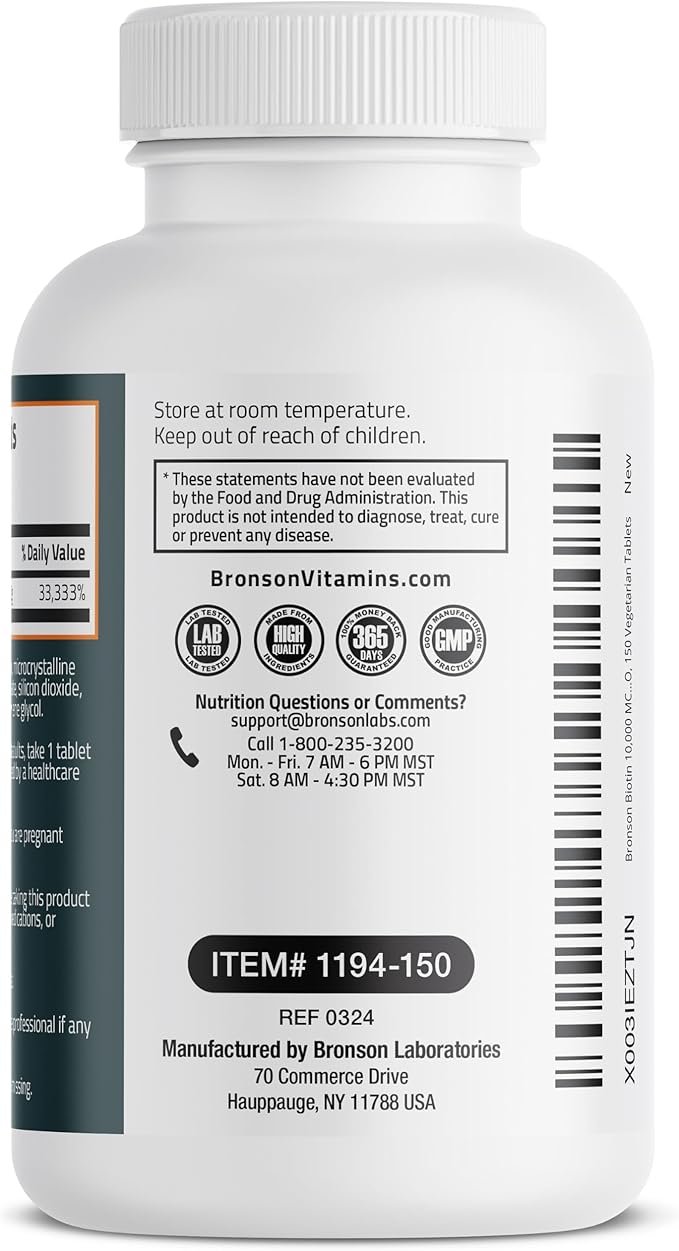 Bronson Biotin 10,000mcg, Supports Healthy Hair, Skin and Nails, Vegetarian, Non-GMO, 150 Tablets