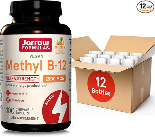 Jarrow Formulas Ultra Strength Methyl B-12, Dietary Supplement for Cellular Energy Production, 100 Tropical-Flavored Chewable Tablets, Up to a 100 Day Supply, Pack of 12