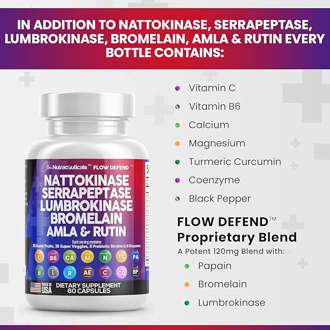 Clean Nutraceuticals Nattokinase 4000 FU Serrapeptase 120000 SPU Lumbrokinase Enzyme Supplement with Bromelain Papain Papaya Enzymes Rutin Extract Amla Magnesium Vitamin B6 & VIT C Capsules - 5Pack