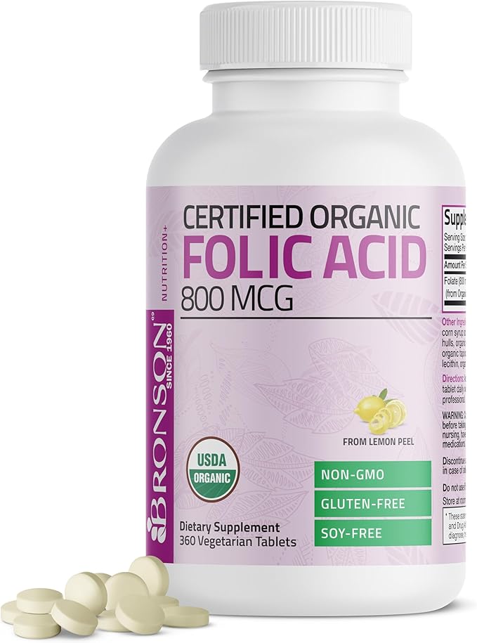 Bronson Organic Folic Acid (Vitamin B9 Folate) 800 mcg Natural Folate from Lemon Peel 360 Tablets