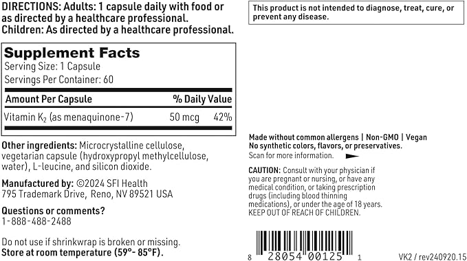 Klaire Labs Vitamin K2-50 Micrograms as Menaquinone-7 MK-7, No Soy, Gluten or Dairy (60 Capsules)