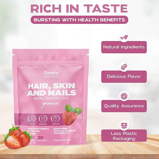 Hair, Skin and Nails Premium Gummies 60ct - Beauty Supplement with 5000mcg Biotin, Vitamins A, C, E, Zinc - Support Hair Growth, Healthy Skin & Strong Nails