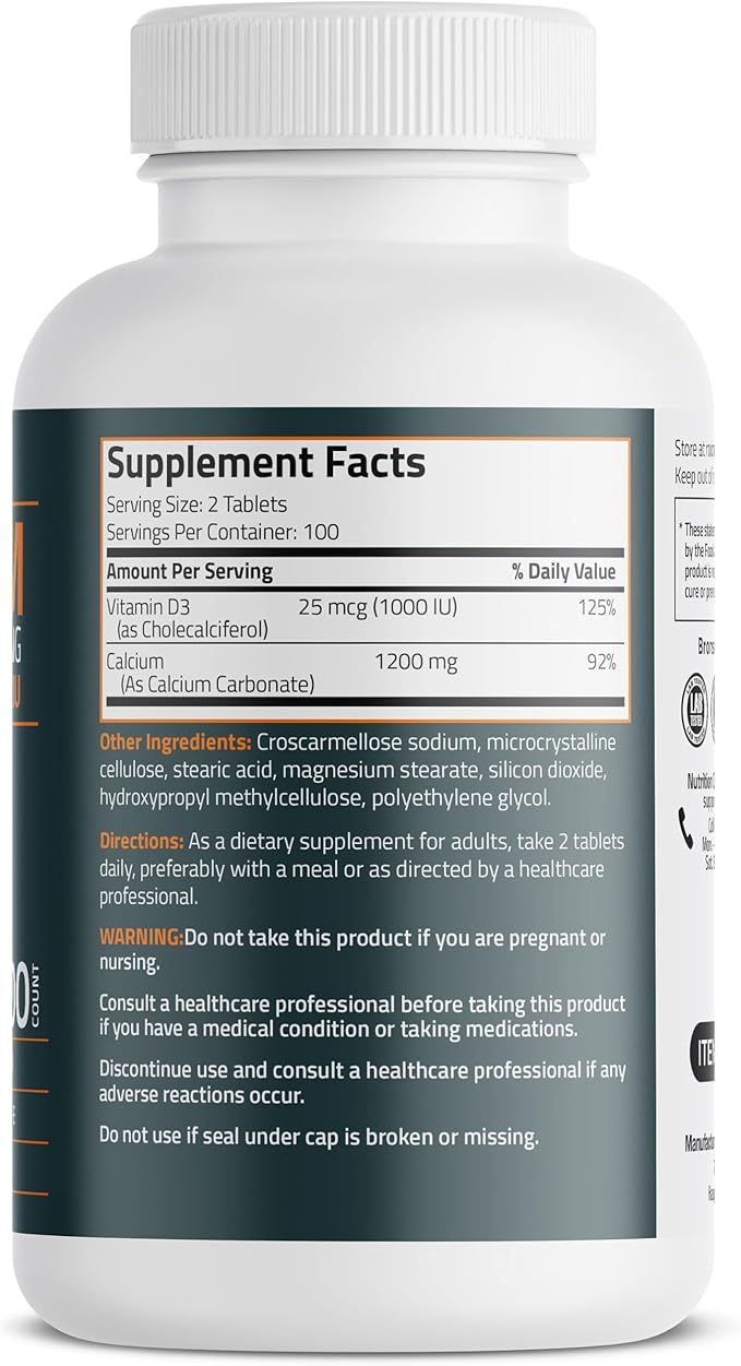 Bronson Calcium 1200mg Per Serving Plus Vitamin D3 1000 IU High Potency Formula, Non-GMO, 200 Tablets
