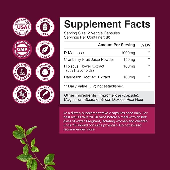 D Mannose Capsules for Urinary Tract Health - High Potency D-Mannose with Cranberry Juice Powder & Dandelion for Urinary Tract Health for Women Fast Acting Super Concentrated Cranberry - 60 Capsules