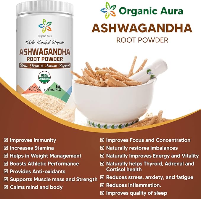 Certified Organic Ashwagandha Root Powder 8Oz -1/2Lb. Enhances Overall Health. 100% Pure Natural Herbal Supplement. No GMO. Gluten Free. Raw, Fresh and Original Withania somnifera.
