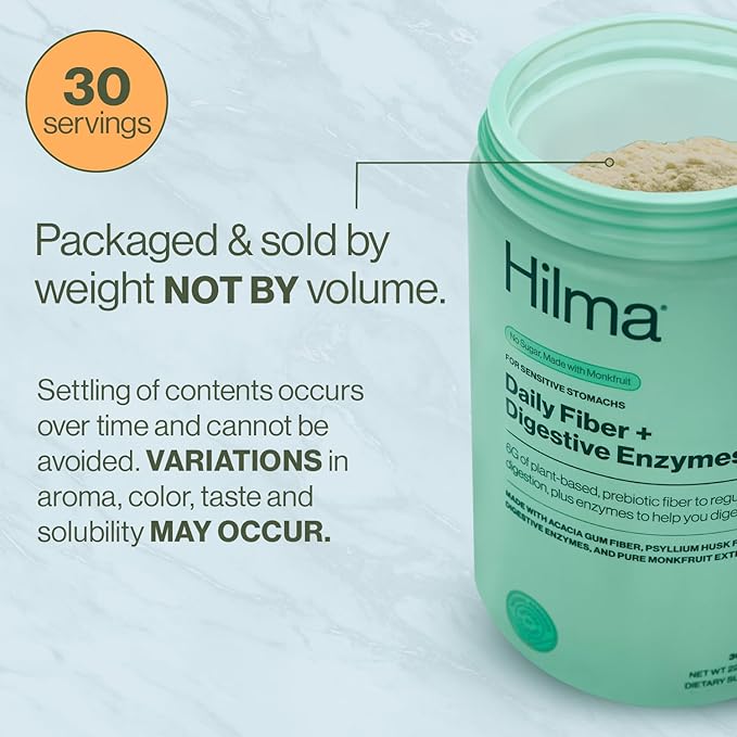 Hilma Daily Fiber and Digestive Enzymes, Fiber Supplement Powder with Prebiotics and Enzymes Formulated with Psyllium Husk and Acacia, Gluten Free, Vegan, FSA Eligible, Digestive Support, 30 Servings