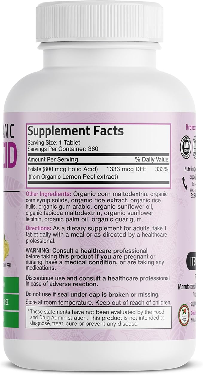 Bronson Organic Folic Acid (Vitamin B9 Folate) 800 mcg Natural Folate from Lemon Peel 360 Tablets