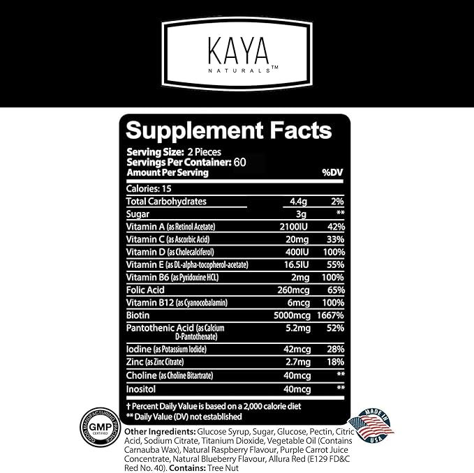 Kaya Naturals Hair Growth Gummies - Biotin 5000mcg Vitamins for Healthy Hair, Skin, and Nails - Beauty Supplement for Women or Men - 120 Count - Blueberry Flavor